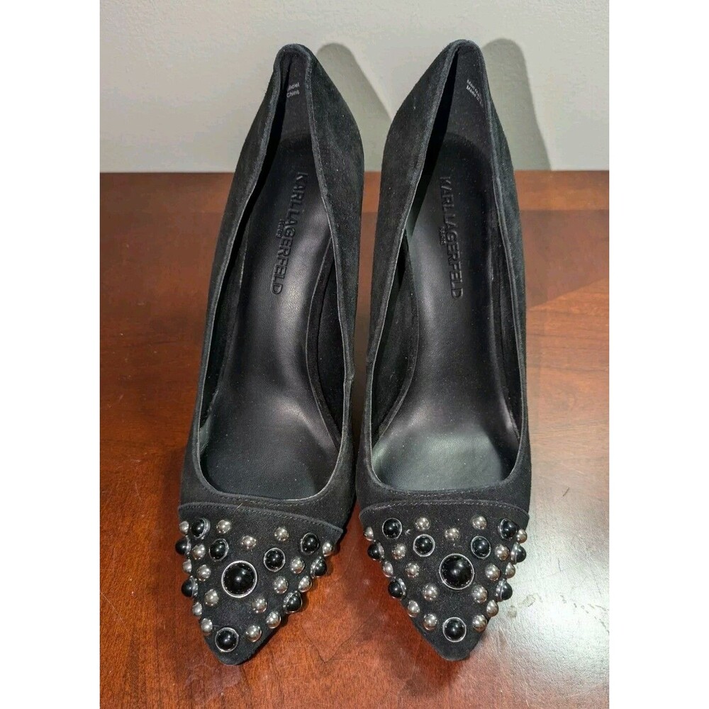 Karl Lagerfeld Paris Black Suede Stiletto Pearl Studded Heels Women Size 8.5